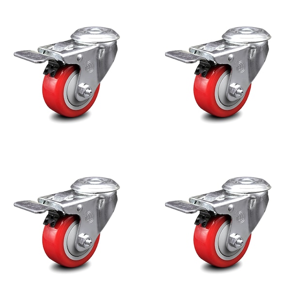 3 Inch Red Polyurethane Swivel Bolt Hole Caster Set with Total Lock Brake SCC